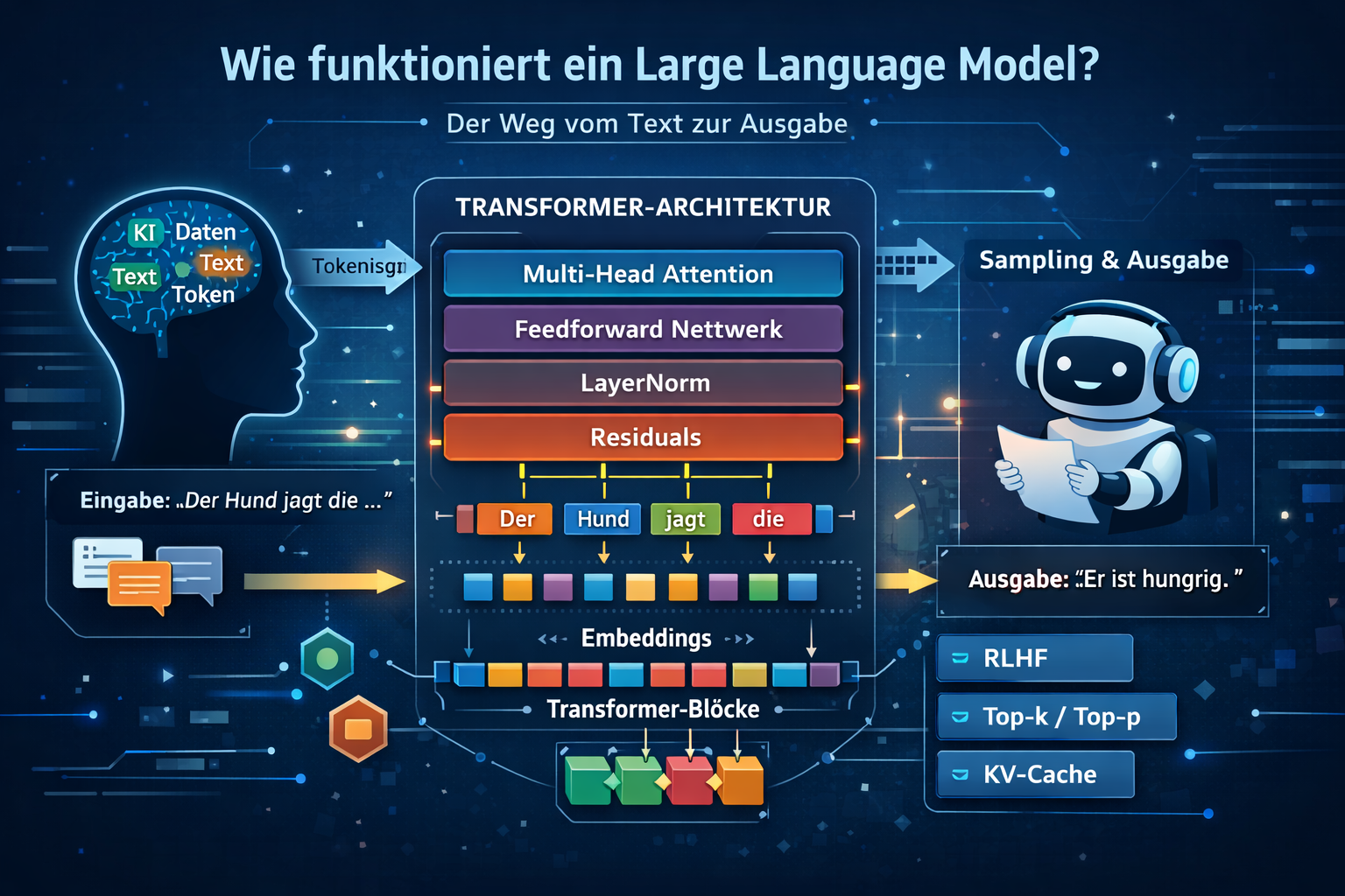 Visualisierung eines Large Language Models mit Tokenfluss, Transformer-Architektur und Ausgabe