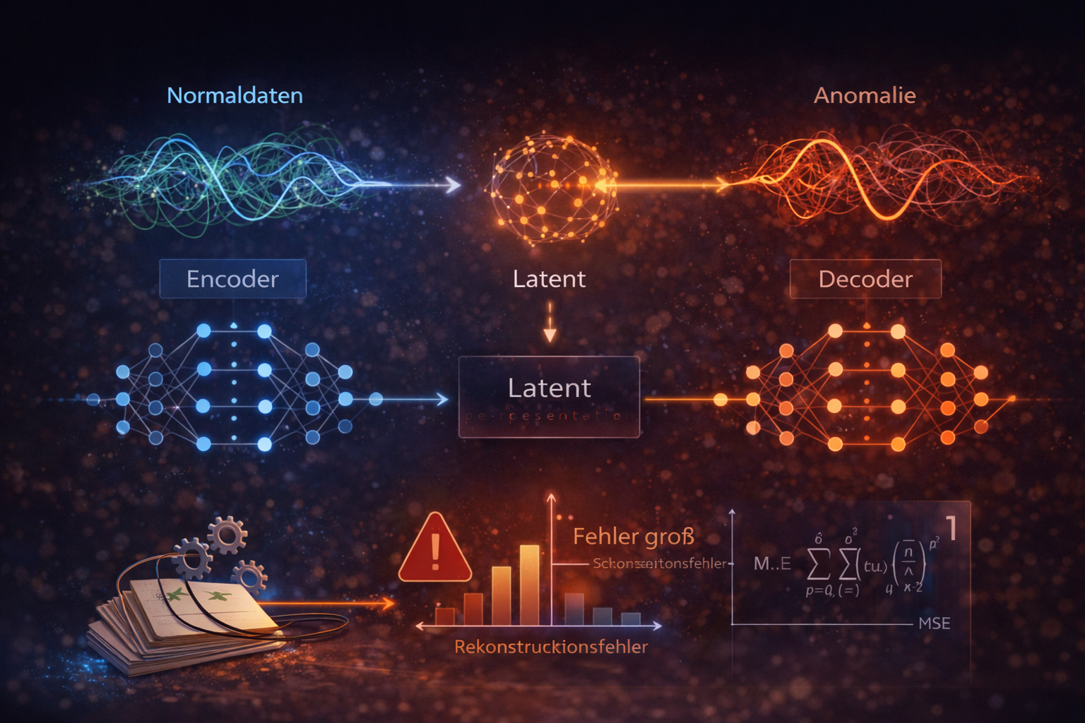 Autoencoder-Schema mit Normaldaten, latentem Raum und Rekonstruktionsfehler