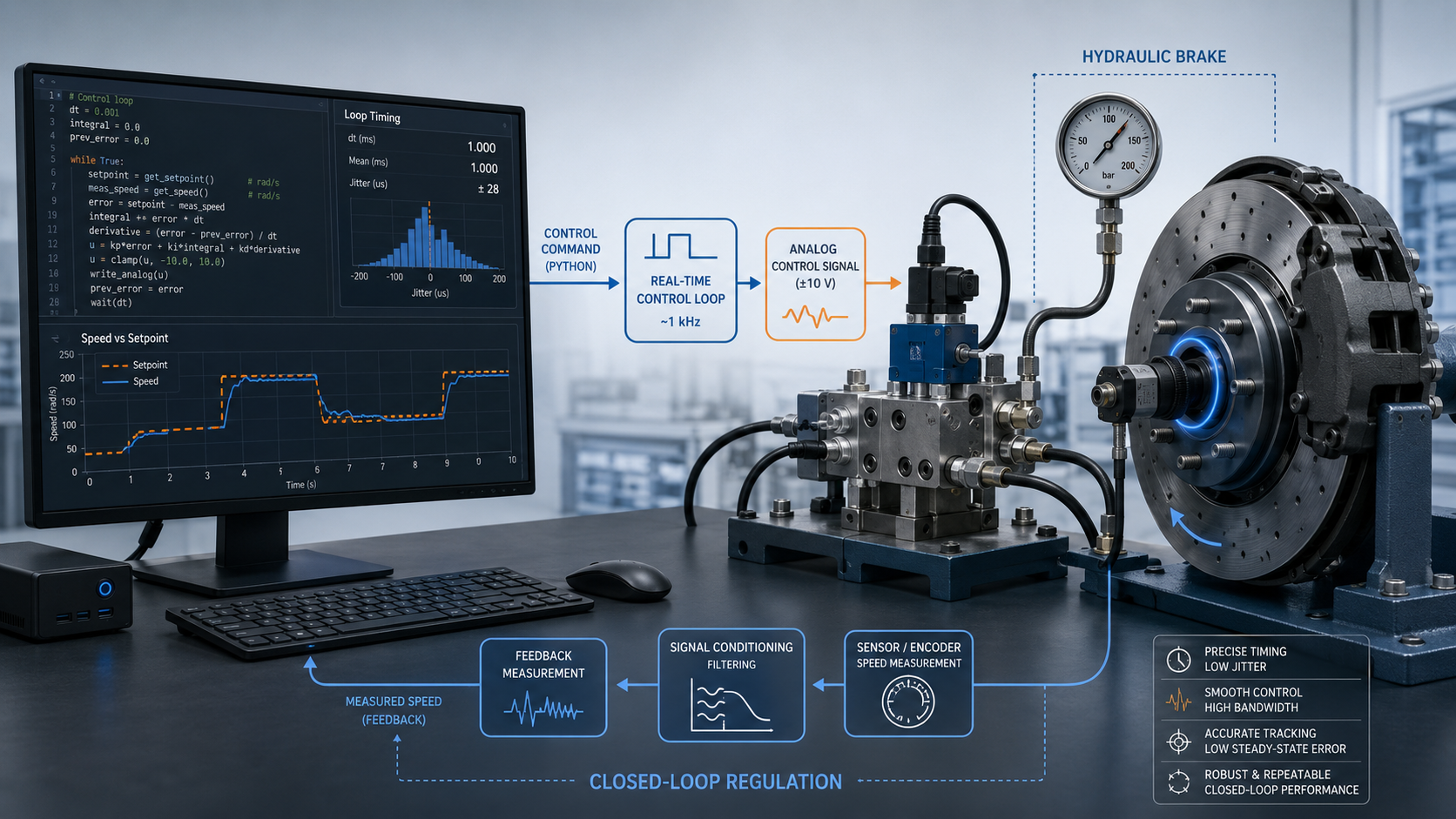Systemübersicht einer PC-basierten hydraulischen Bremsregelung mit Python, Sensorik, Filterung und Ventilansteuerung