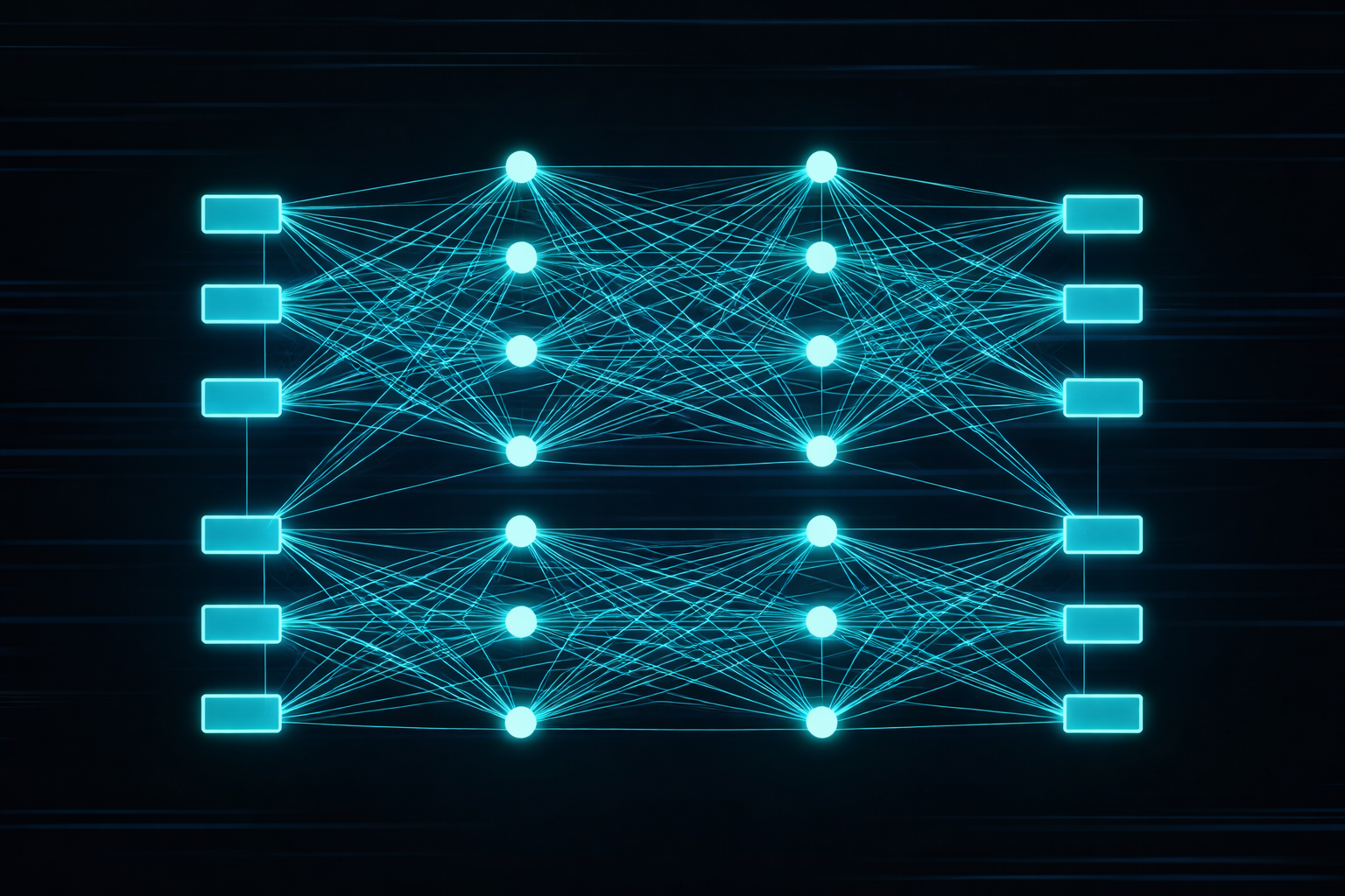 Titelgrafik zu neuronalen Netzwerken hinter LLMs mit Layern, Gewichten, Aktivierungen und Trainingsfluss